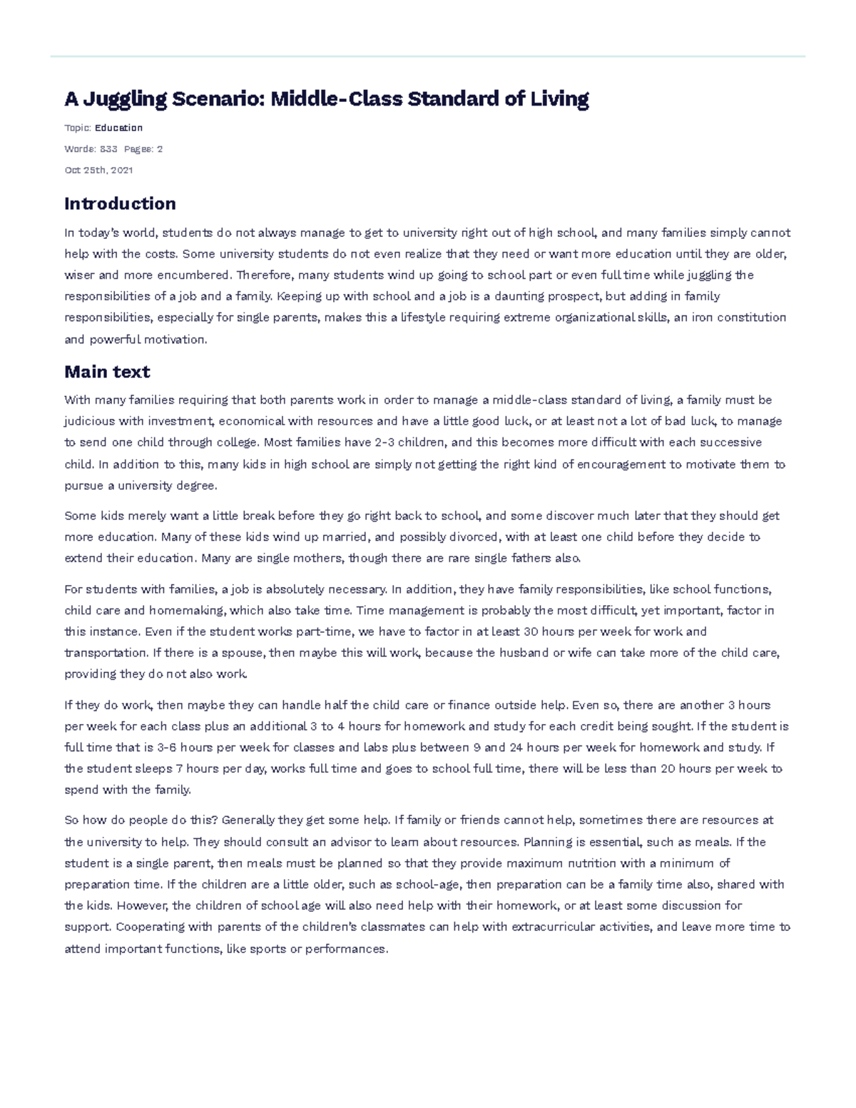 A Juggling Scenario MiddleClass Standard of Living Free Essay Example