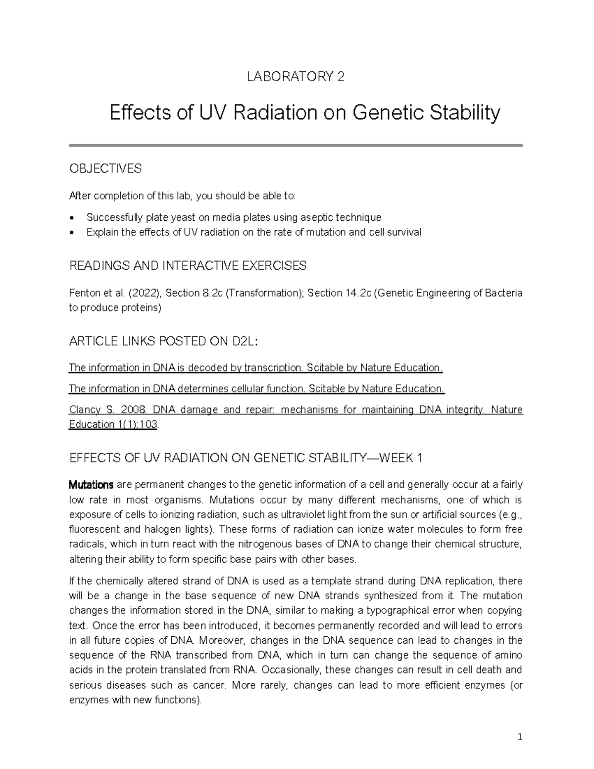 Lab 2 UV Radiation on Stability I 1 LABORATORY 2 Effects of