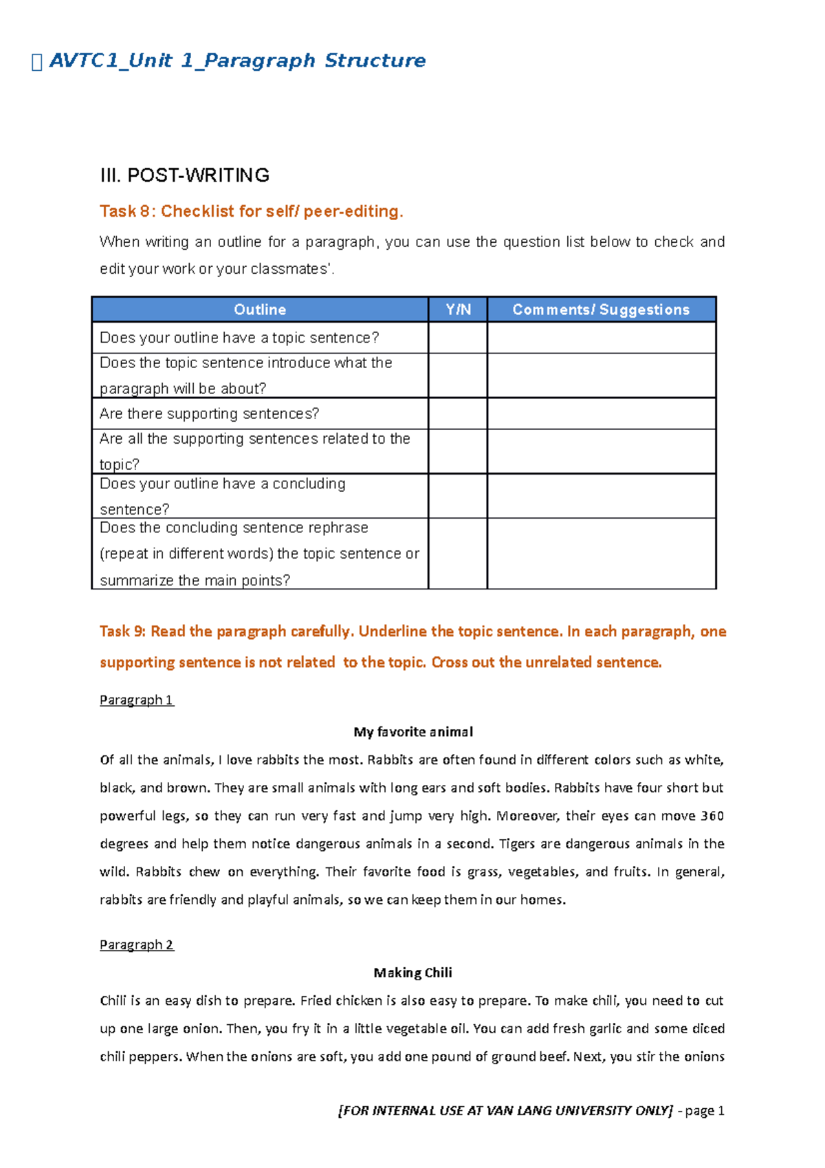 Official AVTC1 Unit 1 Paragraph Structure After class 1 - 🐀 AVTC1_Unit ...