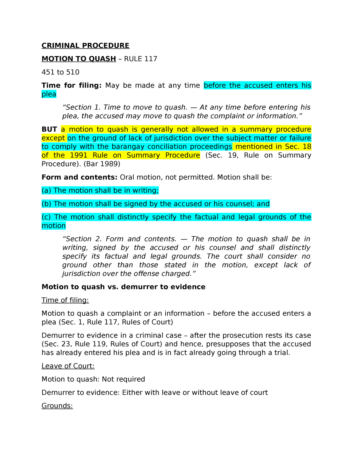 Crim Pro Motion To Quash - CRIMINAL PROCEDURE MOTION TO QUASH – RULE ...