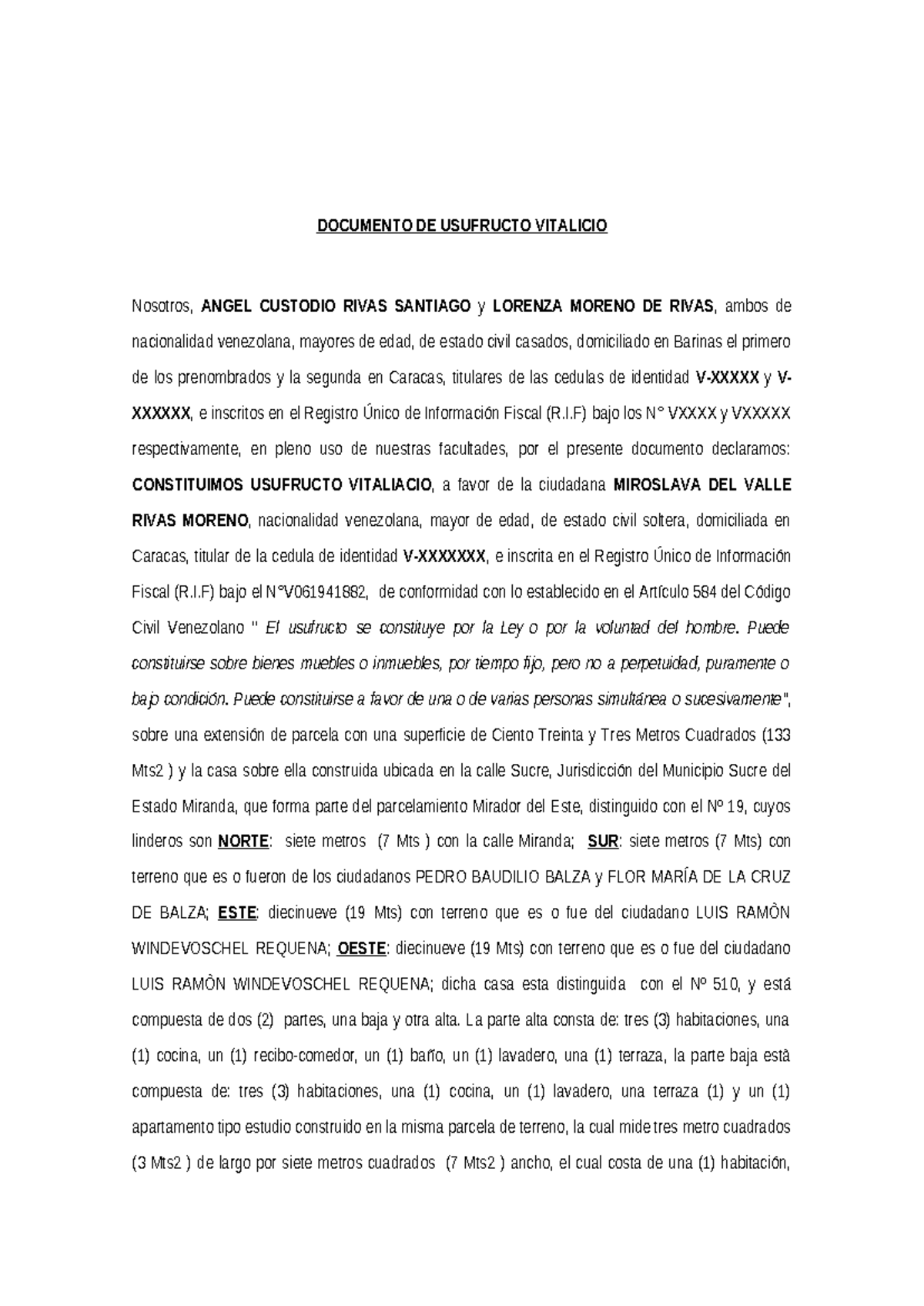 Documento DE Usufructo Vitalicio DE Inmueble ( Caracas) - DOCUMENTO DE