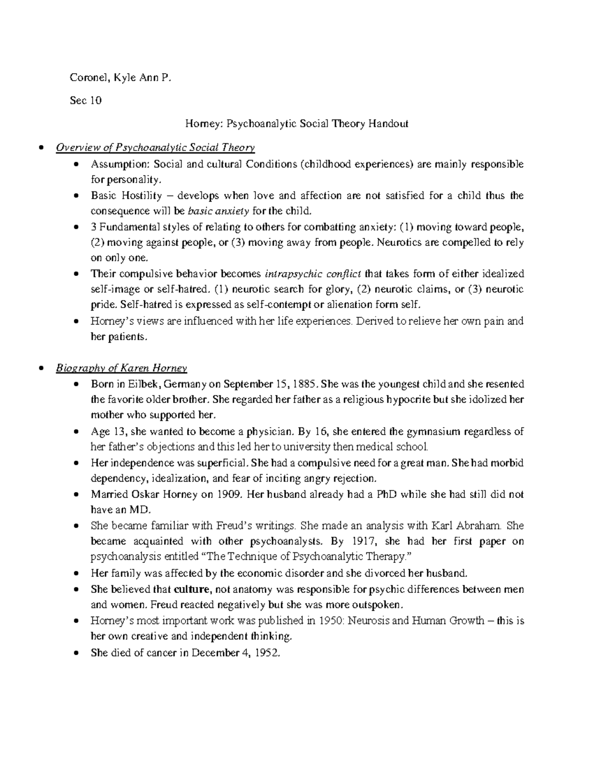 PSY1204Sec10 Coronel KA Handout Horney's Psychoanalytic Social Theory ...