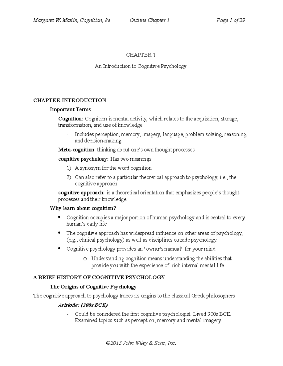 Cognition Ch01 Sg - Ch 1 Notes - CHAPTER 1 An Introduction To Cognitive ...