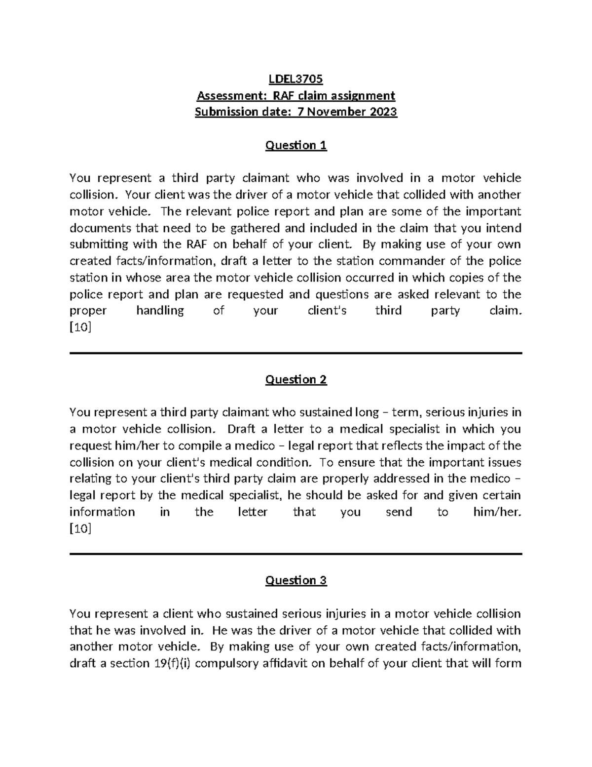 RAF Claim - Assignment - 2023 - LDEL Assessment: RAF claim assignment ...