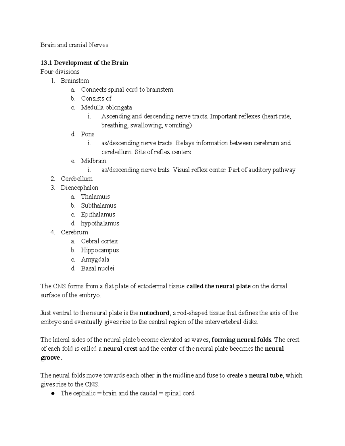 Chapter 13 A&P Notes - Brain and cranial Nerves 13 Development of the ...