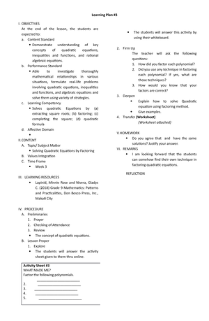 Grade 9 Math Lesson Plan - Learning Plan In Mathematics 9 I. OBJECTIVES ...