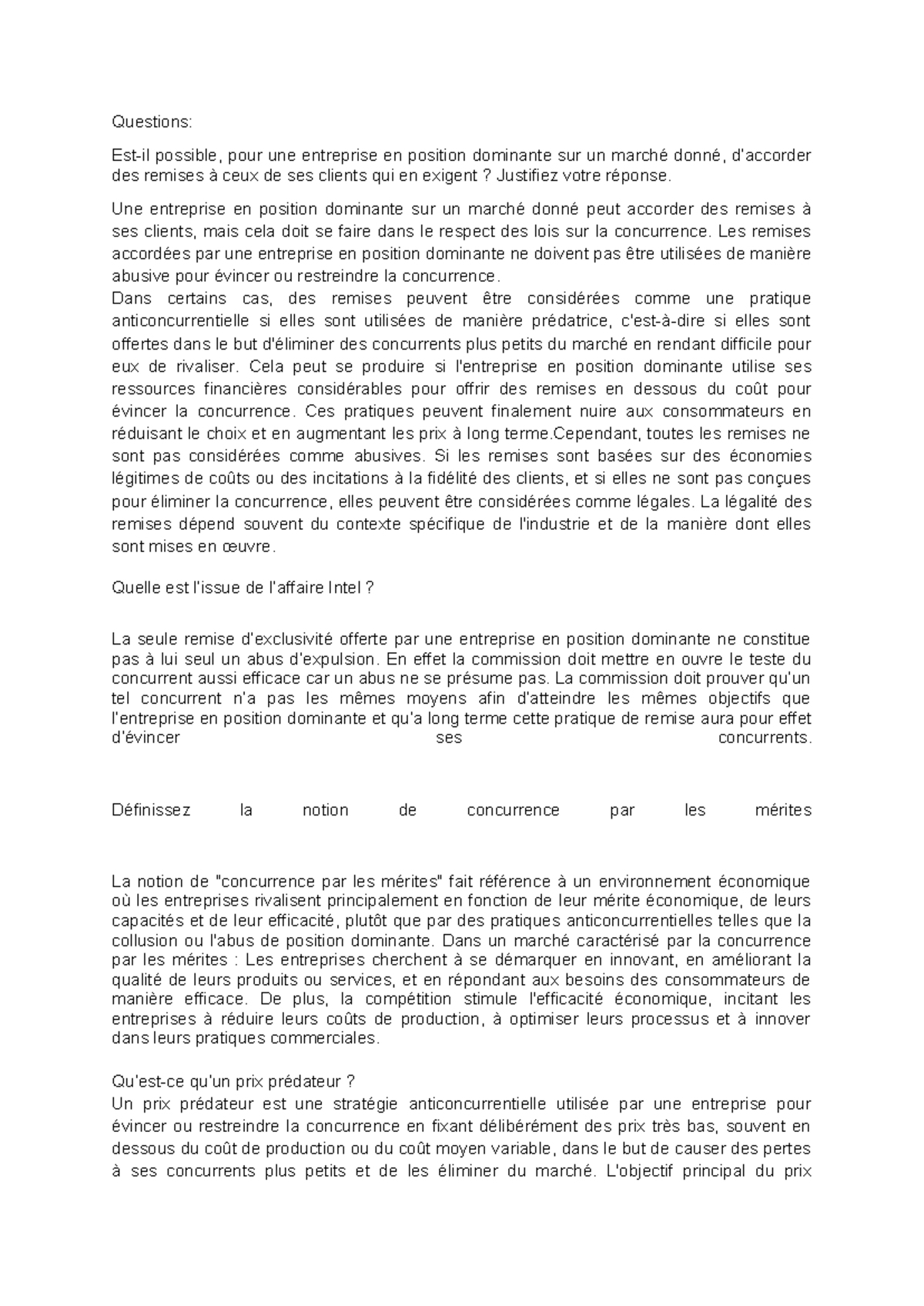 Questions TD - Questions: Est-il possible, pour une entreprise en ...