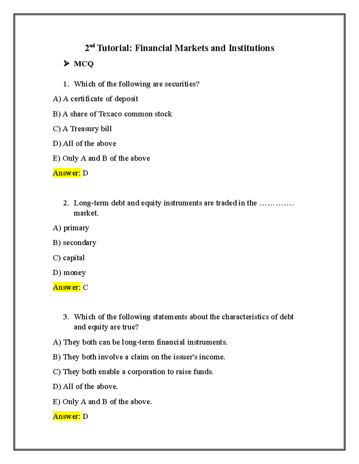 2nd Tutorial notes 2 nd Tutorial Financial Markets and