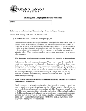 PHI105.T5 Thinkingand Language Reflection Worksheet 1-6-14 - Thinking and Language  Reflection - Studocu