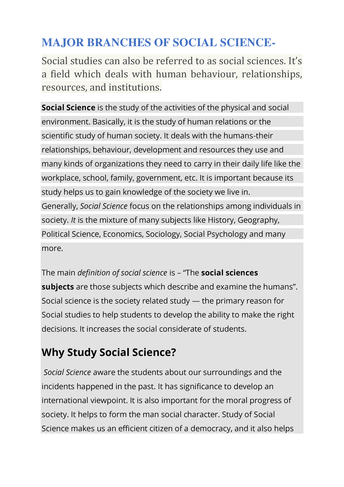 Social Science Major Branches MAJOR BRANCHES OF SOCIAL SCIENCE 