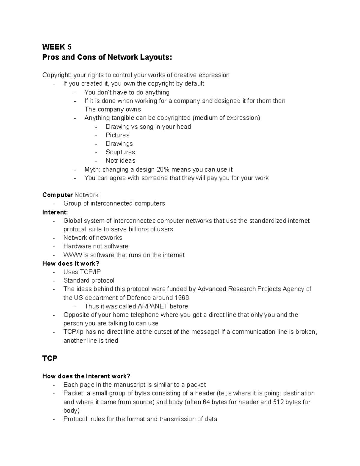 CS Week 6&7 CS1033 WEEK 5 Pros and Cons of Network Layouts