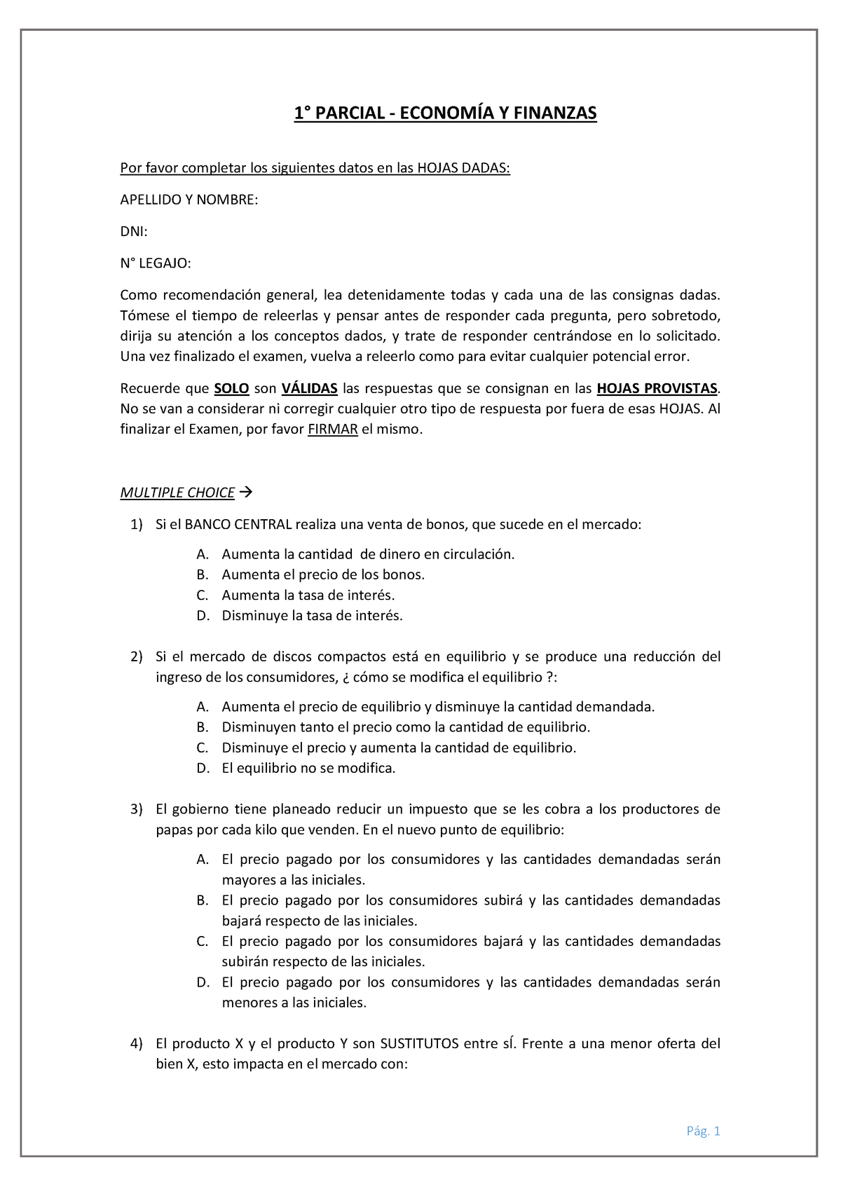 Examen Modelo De Economia Y Finanzas - 1° PARCIAL - ECONOMÍA Y FINANZAS ...