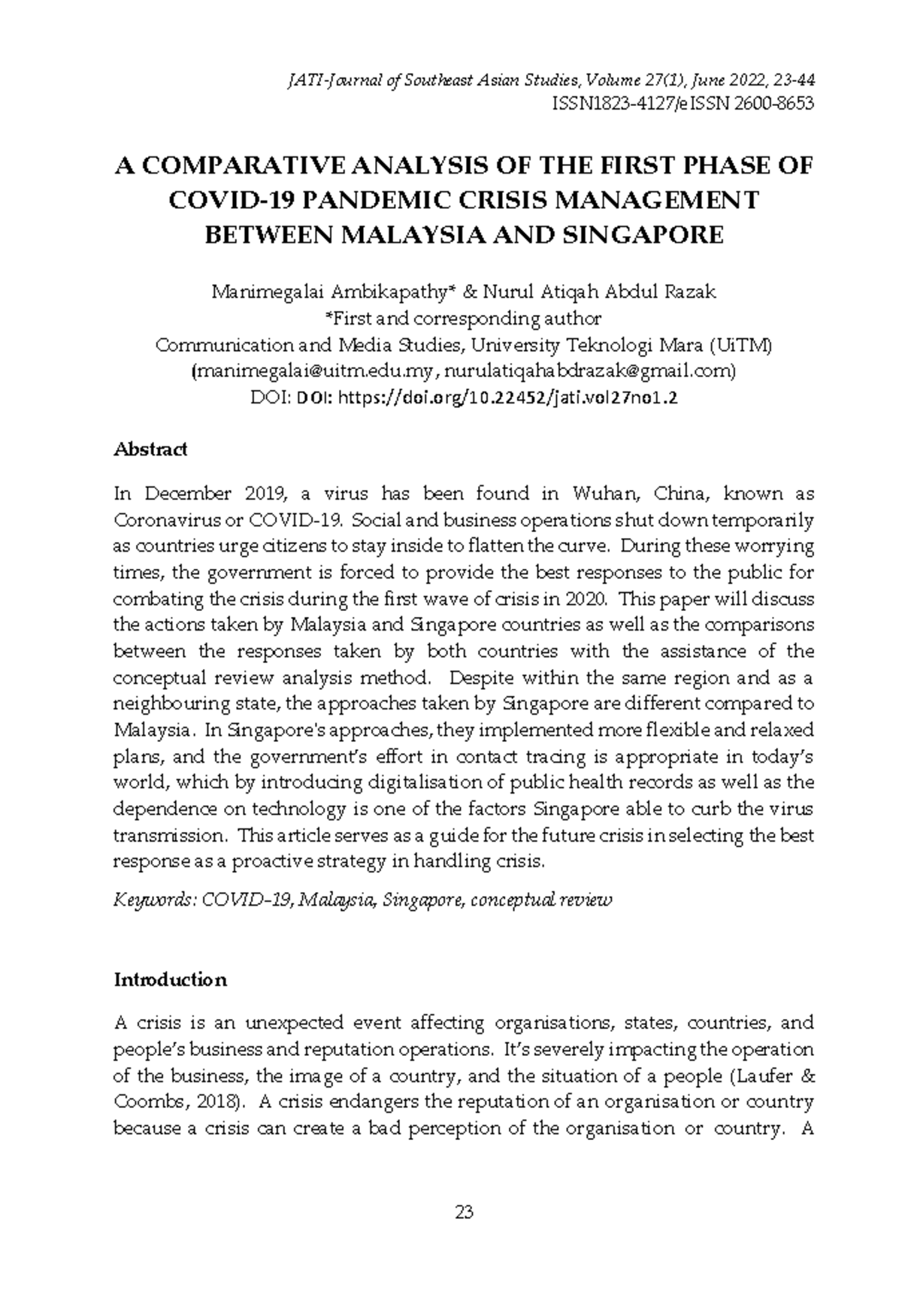 A Comparative Analysis OF THE First Phase OF Covid-19 Pandemic Crisis ...