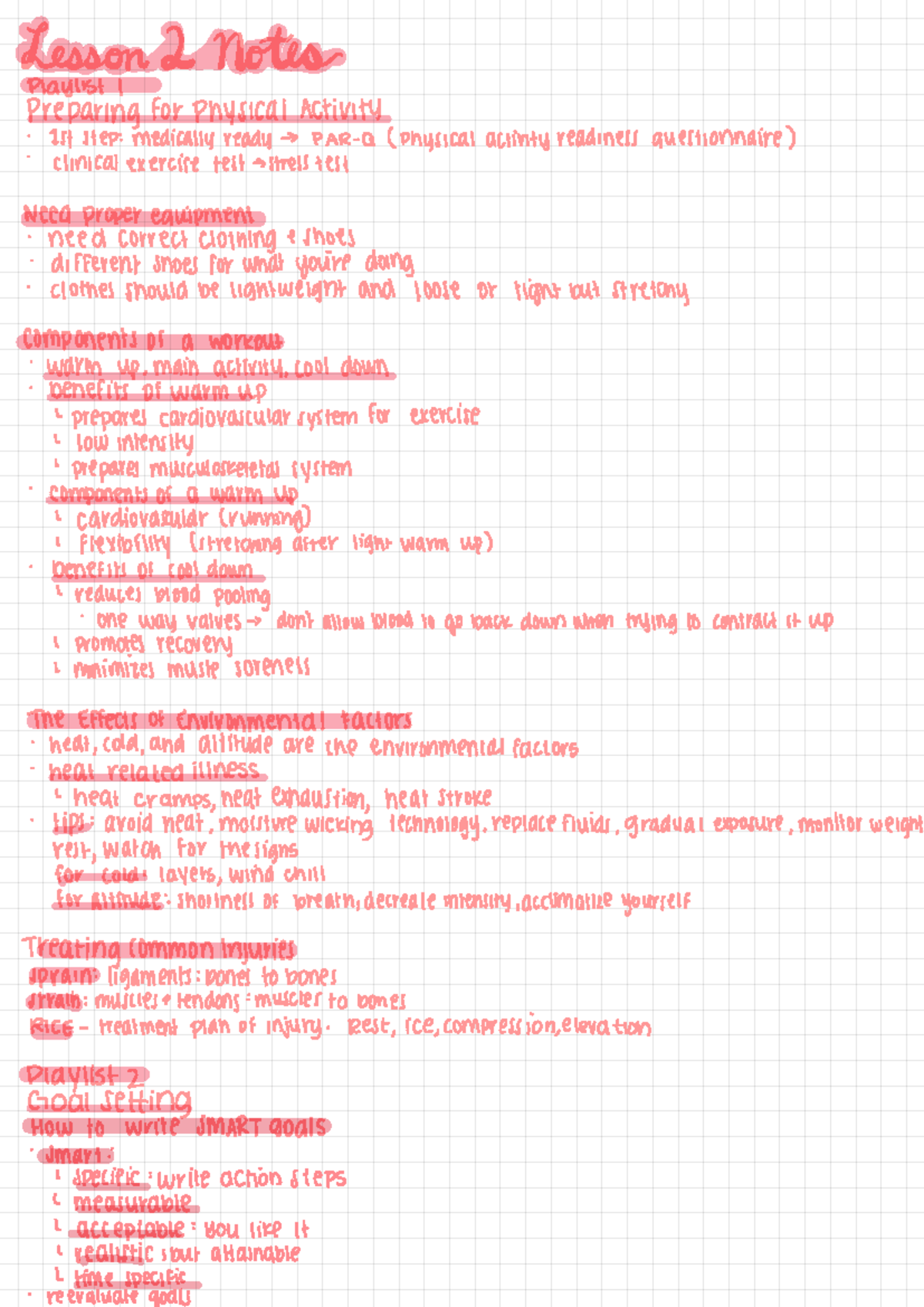 Preparing for Physical Activity and Goal Setting Pt 2 - Lesson 2 Notes ...