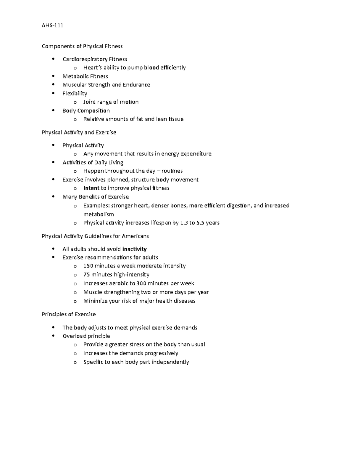AHS Day 4 - Components of Physical Fitness - AHS-111 Components of ...