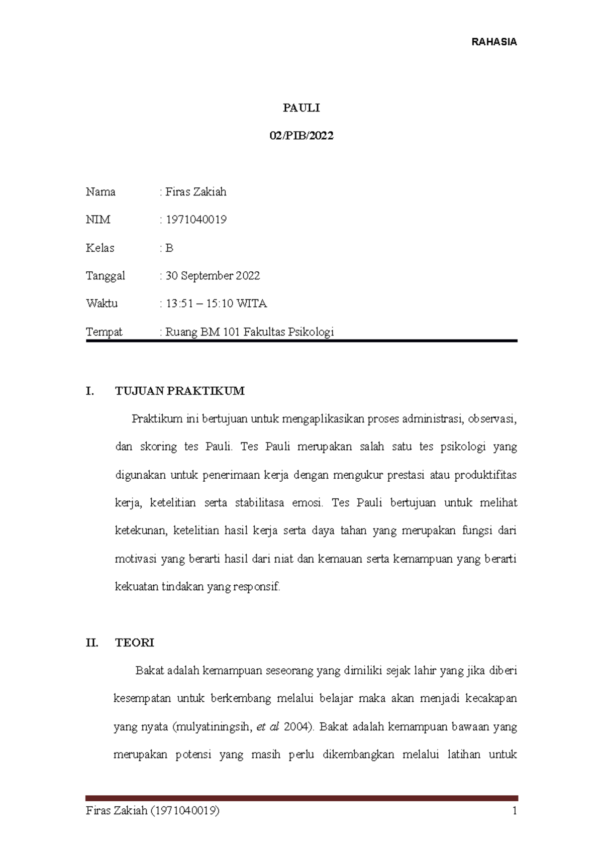 Format Pauli - PAULI 02/PIB/ Nama : Firas Zakiah NIM : 1971040019 Kelas ...