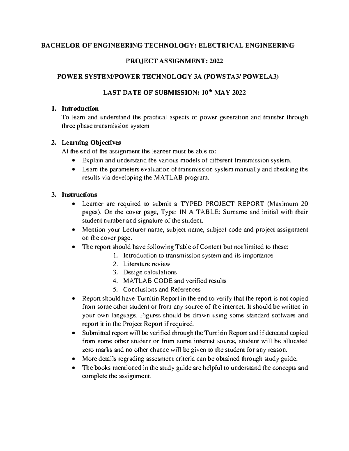 Power System Practical Assignment laboratory - BACHELOR OF ENGINEERING ...