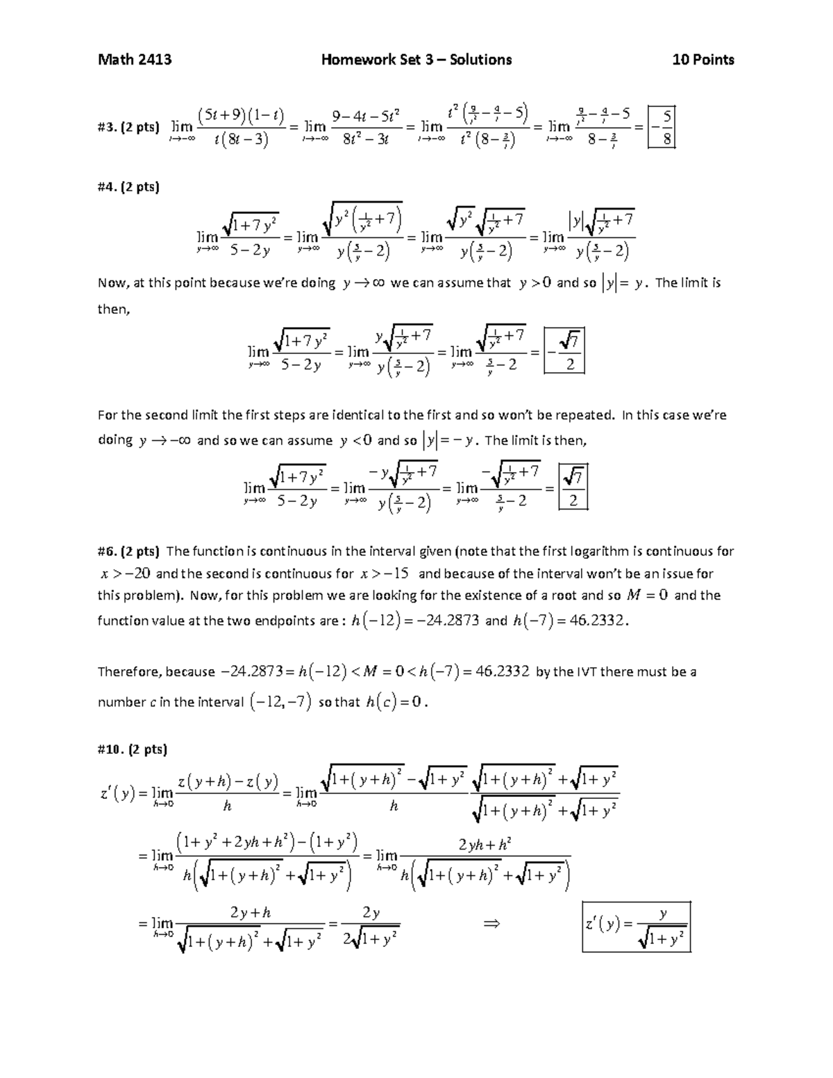 Hw 03 fall 2016 key - Math 2413 (2 pts) Homework Set 3 Solutions ( 5t 9 ...