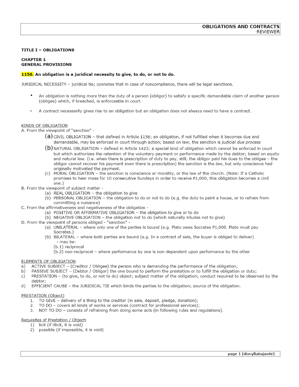 Oblicon-Reviewer - Article 1163-1178 Summary - BS Accountancy - Studocu