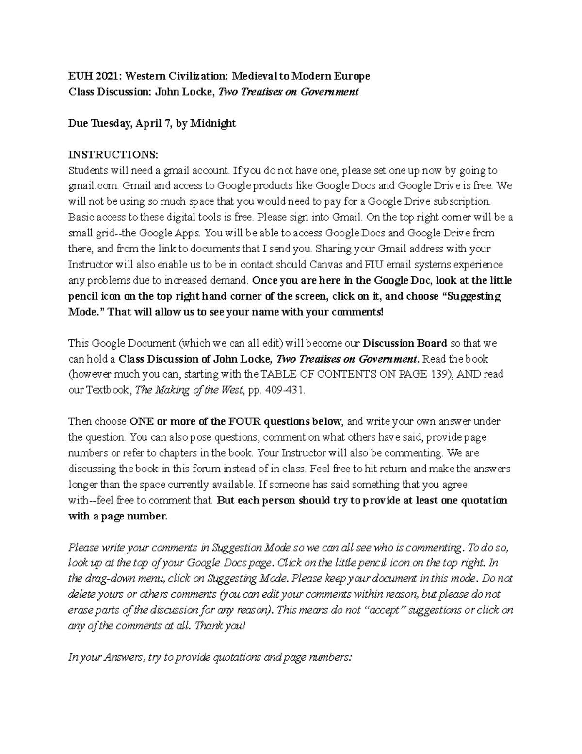 EUH 2021 Class Discussion John Locke, Two Treatises on ...