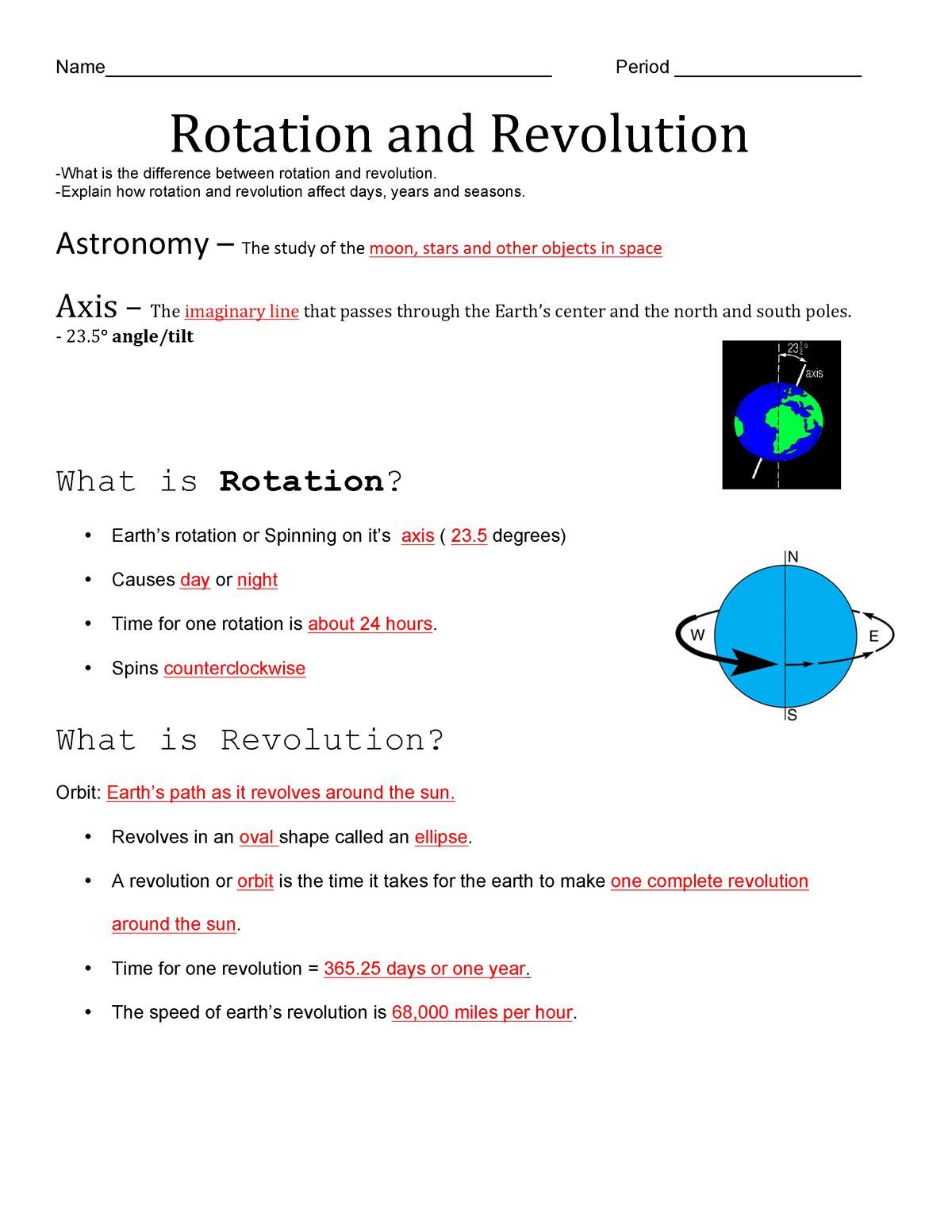 Rotation and Revolution Worksheet