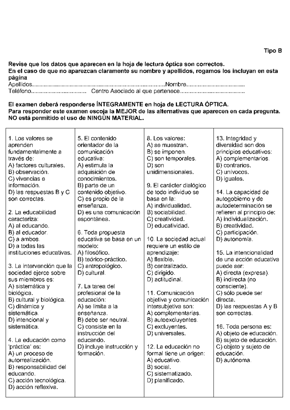 Examen Junio 2011, Preguntas - Tipo B Revise Que Los Datos Que Aparecen ...