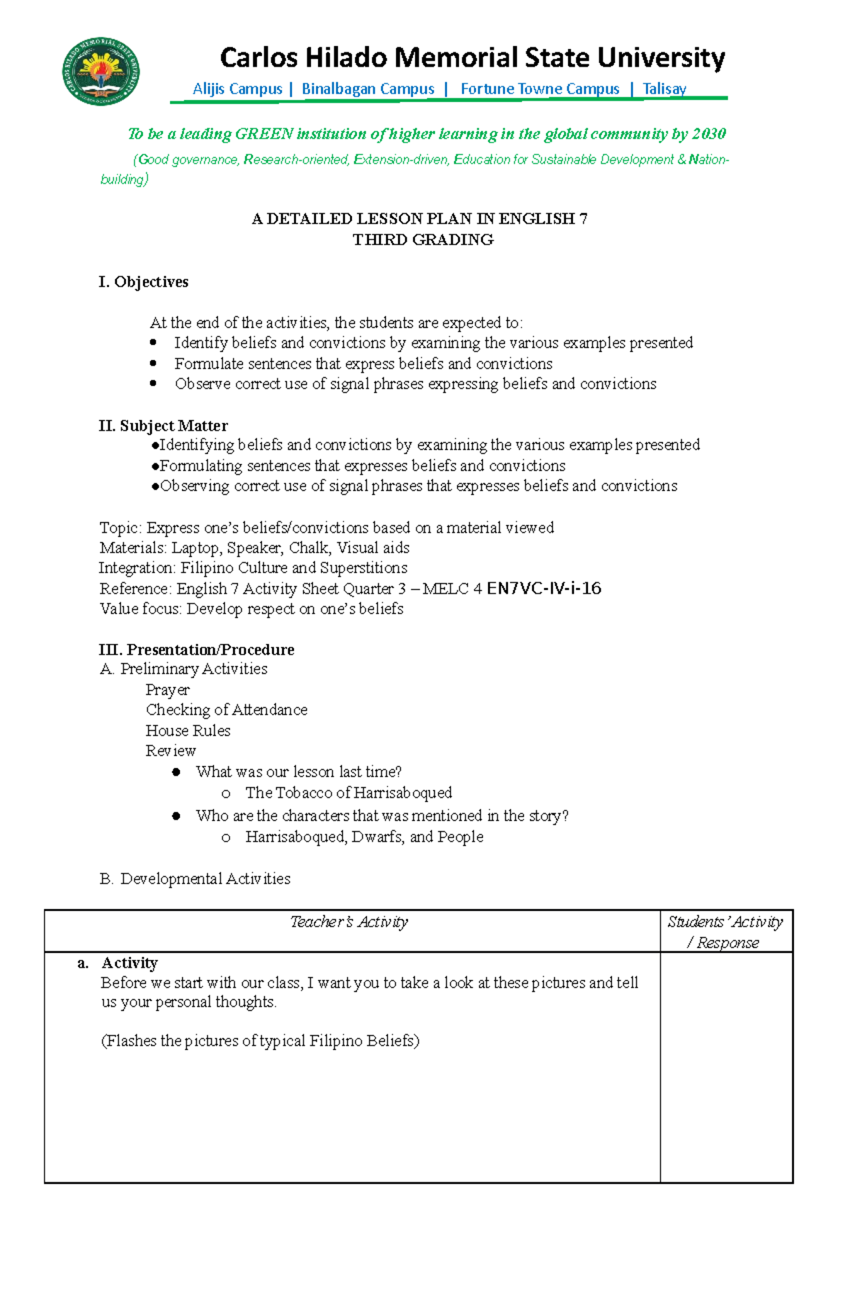 PREDEMO BeliefsAND Convictions Alijis Campus Binalbagan Campus