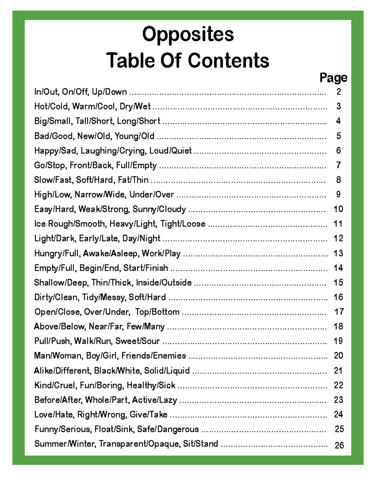 11. Opposites - Nivel basico - Table Of Contents In/Out, On/Off, Up ...