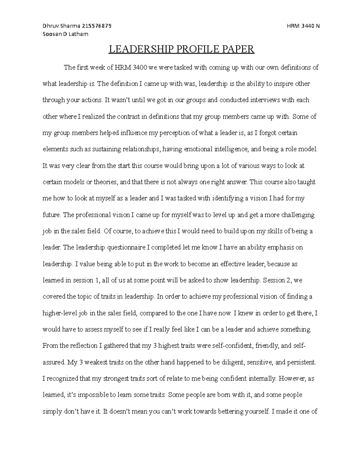 HRM 3400 profile - notes - LEADERSHIP PROFILE PAPER The first week of ...
