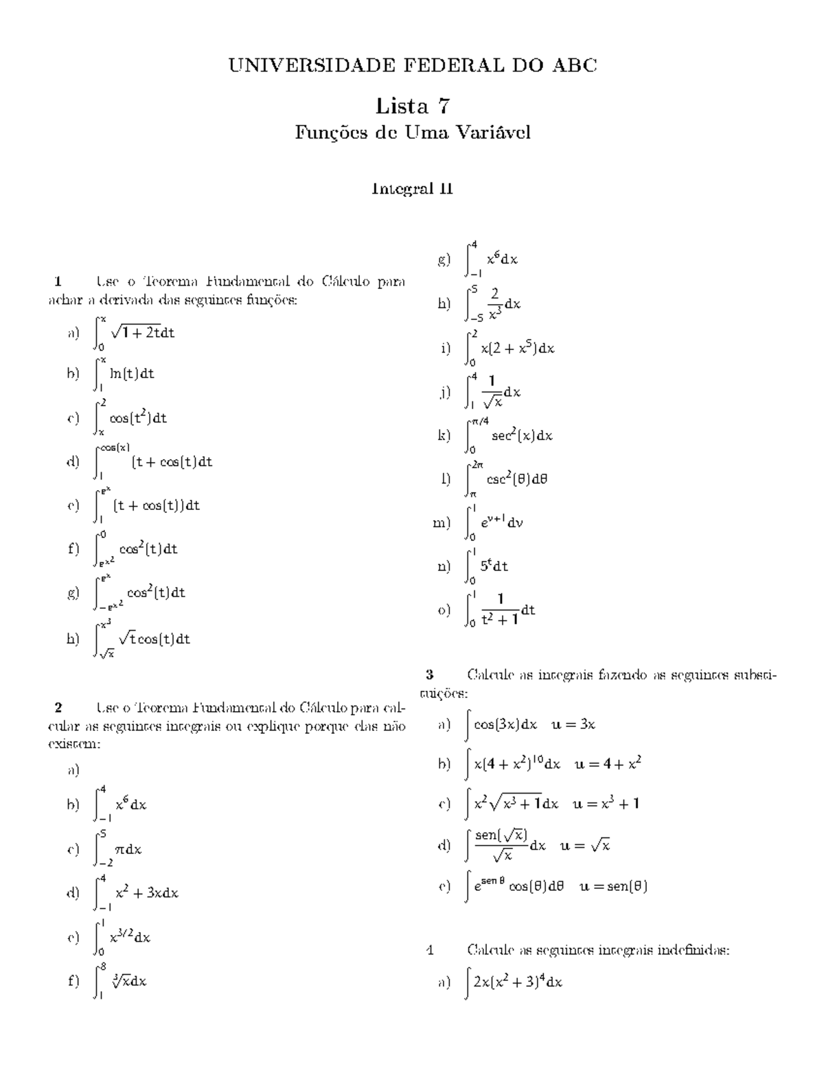 Lista De Exercícios 7 FUV - UNIVERSIDADE FEDERAL DO ABC Lista 7 Funções ...