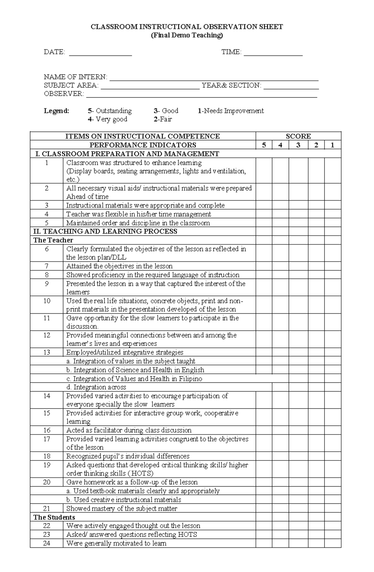 Classroom Teaching Evaluation FORM - CLASSROOM INSTRUCTIONAL ...