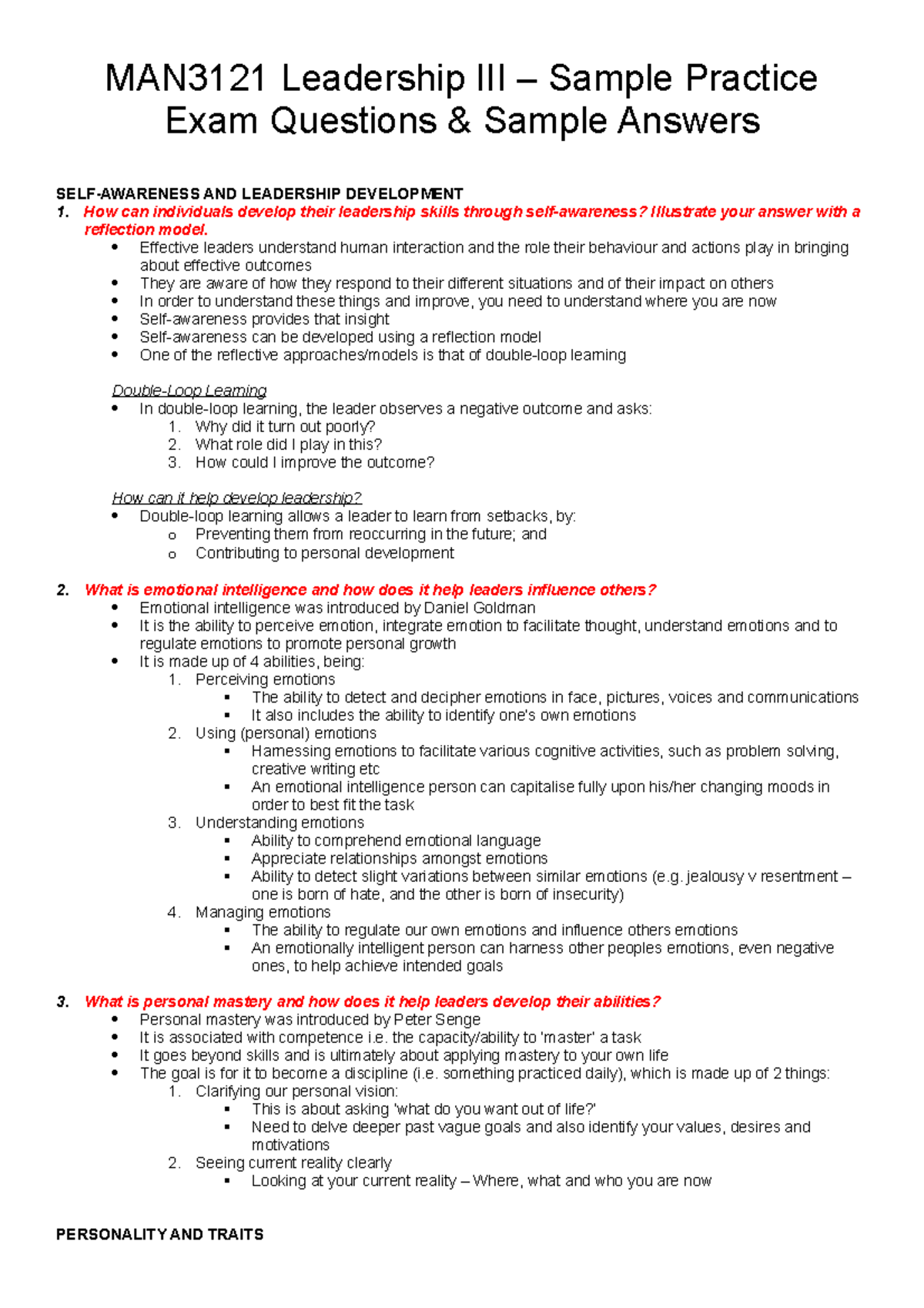 MAN3121 Leadership III – Sample Practice Exam Questions & Sample ...