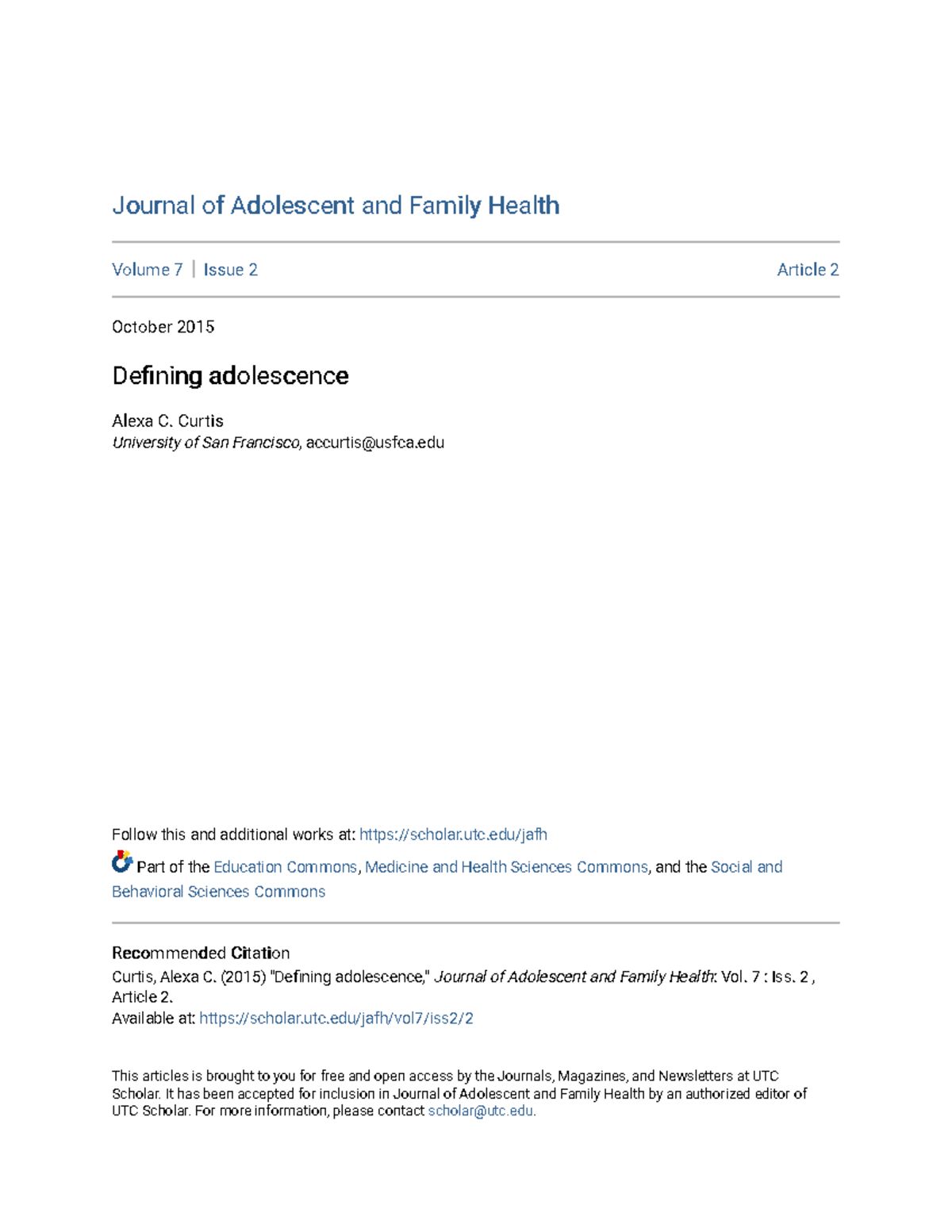 Defining Adolescence And Its Features Journal Of Adolescent And Family Health Journal Of Studocu