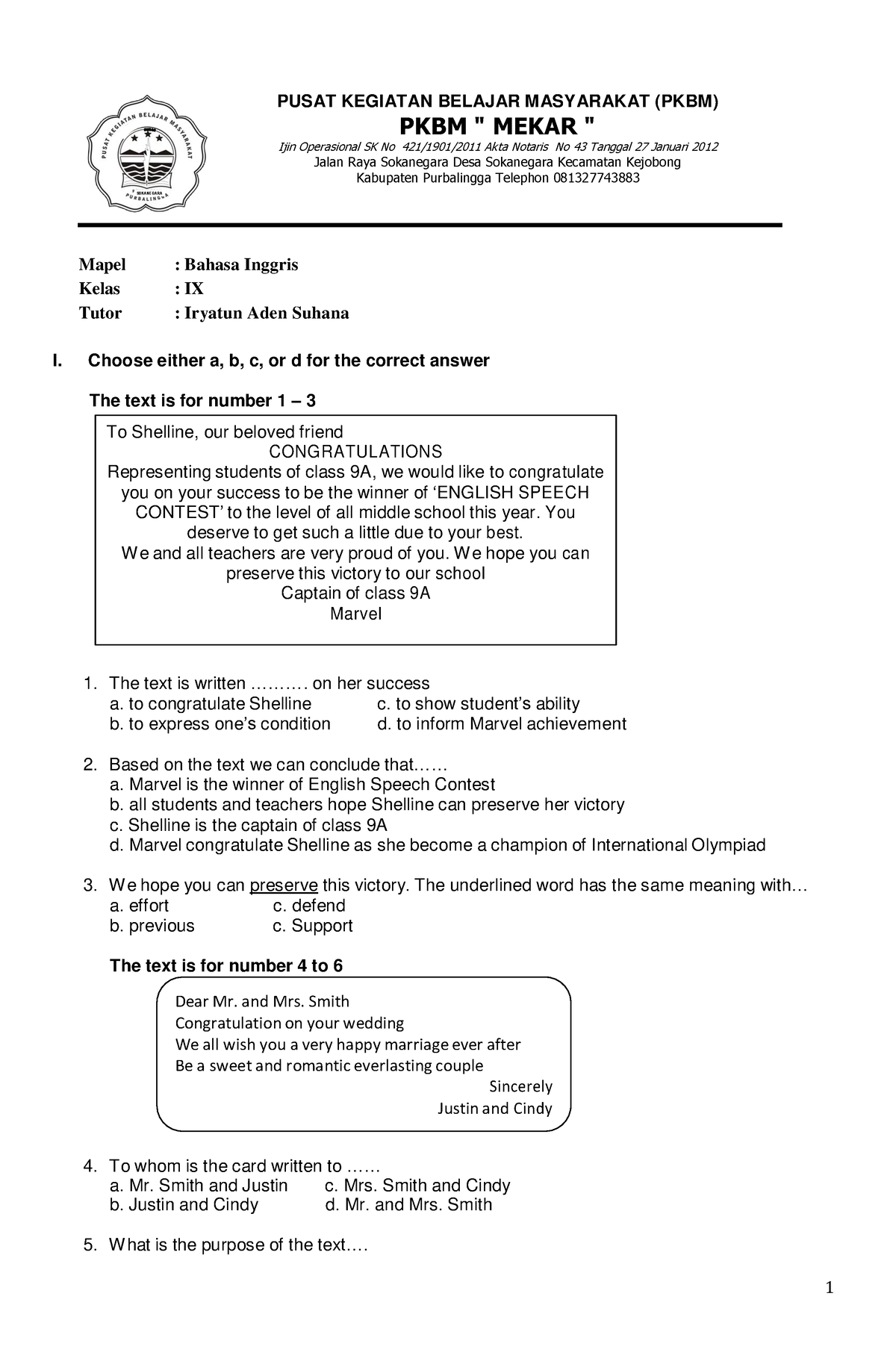 Soal B.ingg Kls 9 - SOAL - SOKANEGARA Mapel : Bahasa Inggris Kelas : IX ...