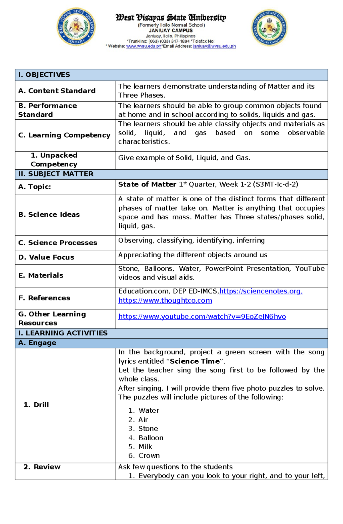 Lesson Plan in Scied 204 - I. OBJECTIVES A. Content Standard The ...