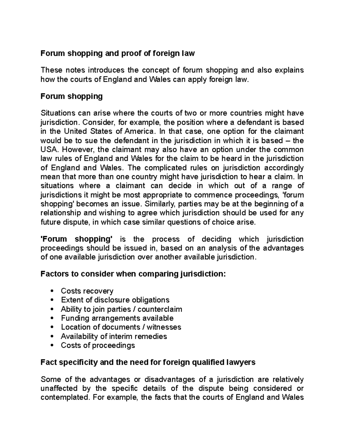 Forum shopping and proof of foreign law Forum shopping Situations can