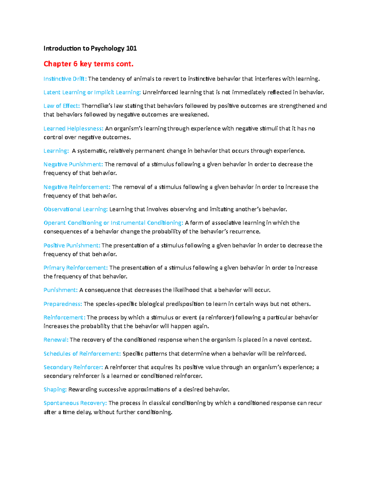 Psych Vocab Ch. 6 Pt 2 hansen, spring 23, key terms Introduction to