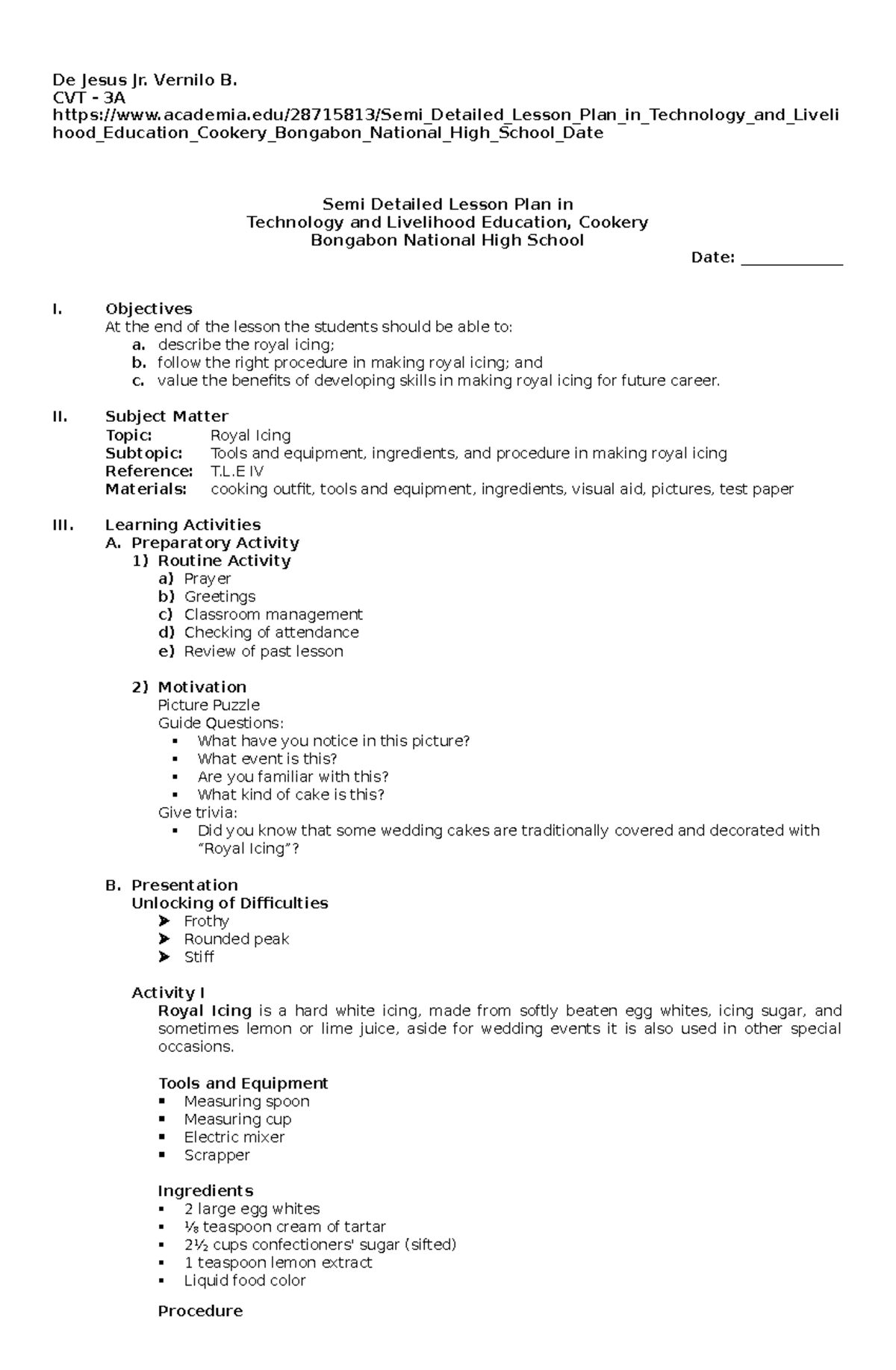 Semi detailed lesson plan - De Jesus Jr. Vernilo B. CVT - 3A - Studocu