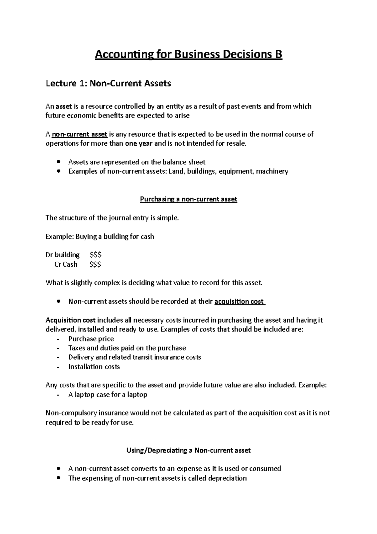 Accounting B Notes - Accounting For Business Decisions B Lecture 1: Non ...