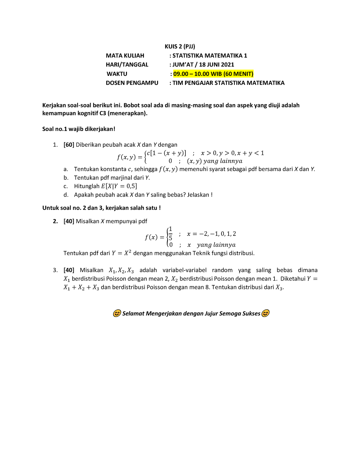 Kuis 2 Kalkulus 2 Univ Kuis 2 Pjj Mata Kuliah Statistika 