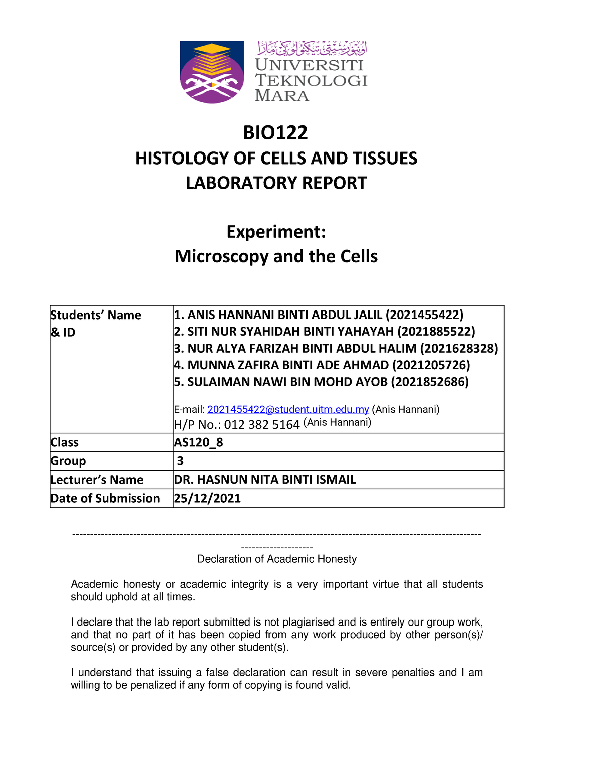 BIO122- LAB Report- AS120 8- Group 3 - BIO HISTOLOGY OF CELLS AND ...