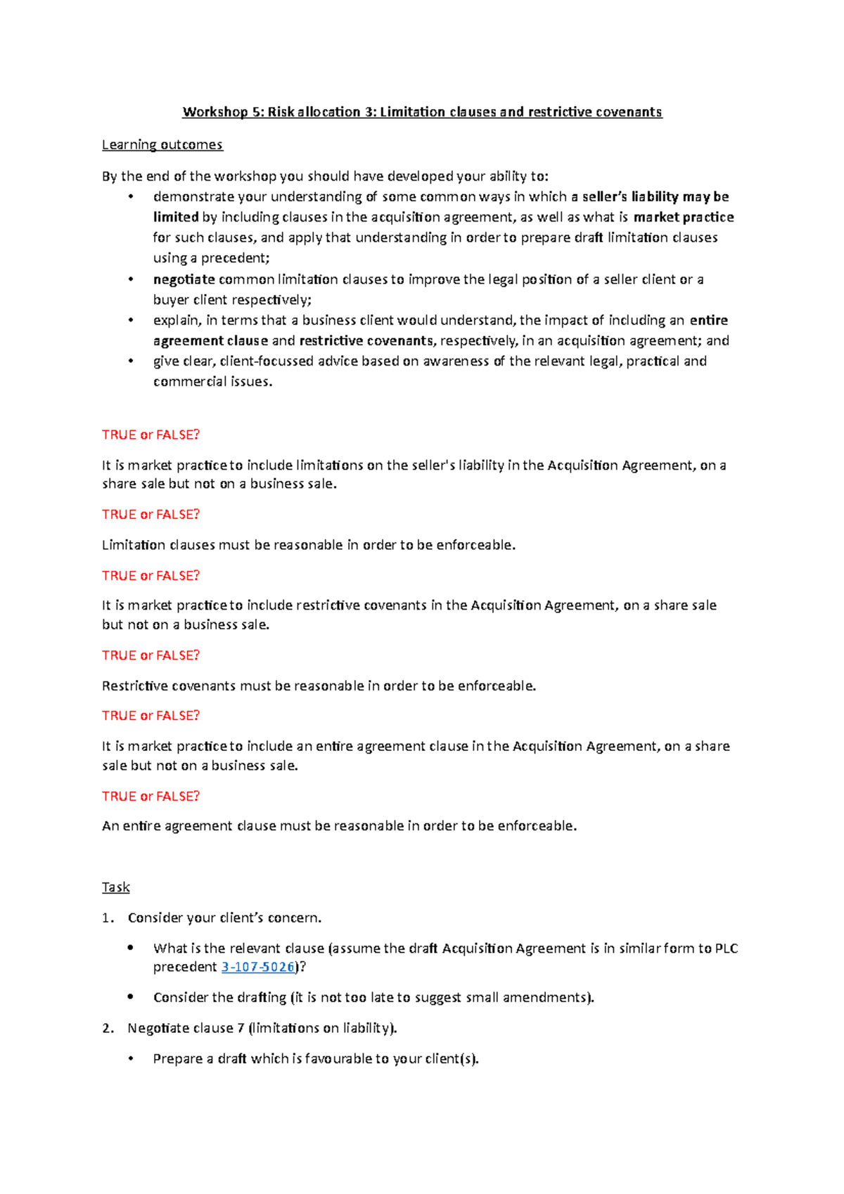 Workshop 5 Risk Allocation 3 Limitation Clauses And Restrictive ...