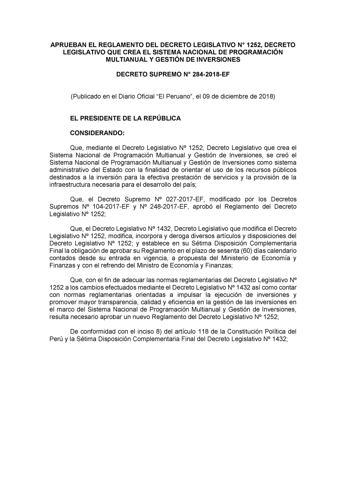 DS284-2018 EF - APRUEBAN EL REGLAMENTO DEL DECRETO LEGISLATIVO N° 1252 ...