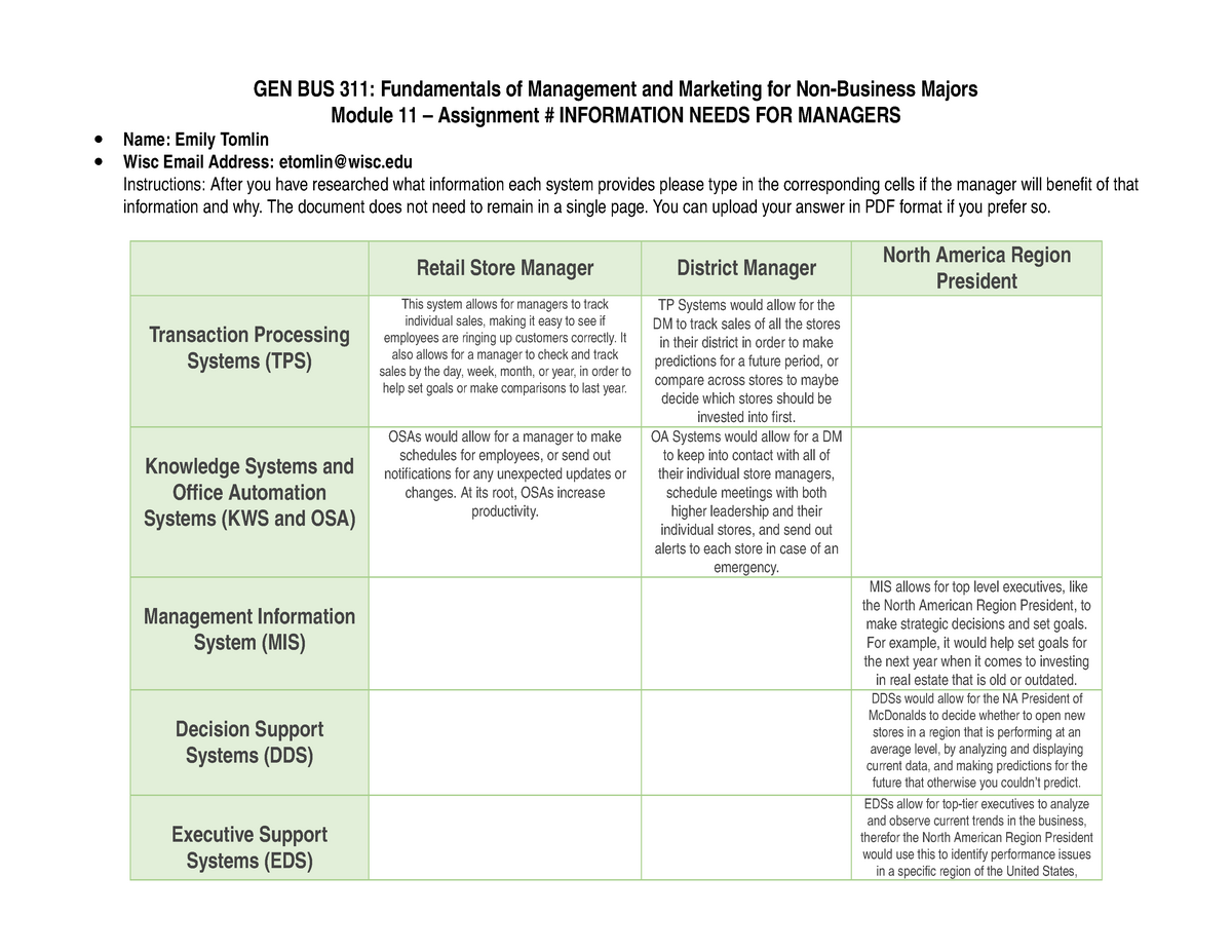 Assignment Week #11 - GEN BUS 311: Fundamentals of Management and ...