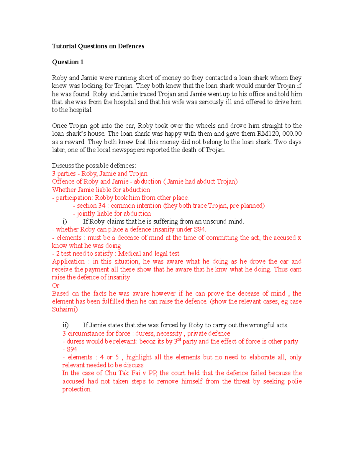 Defence - defense week 14 - Tutorial Questions on Defences Question 1