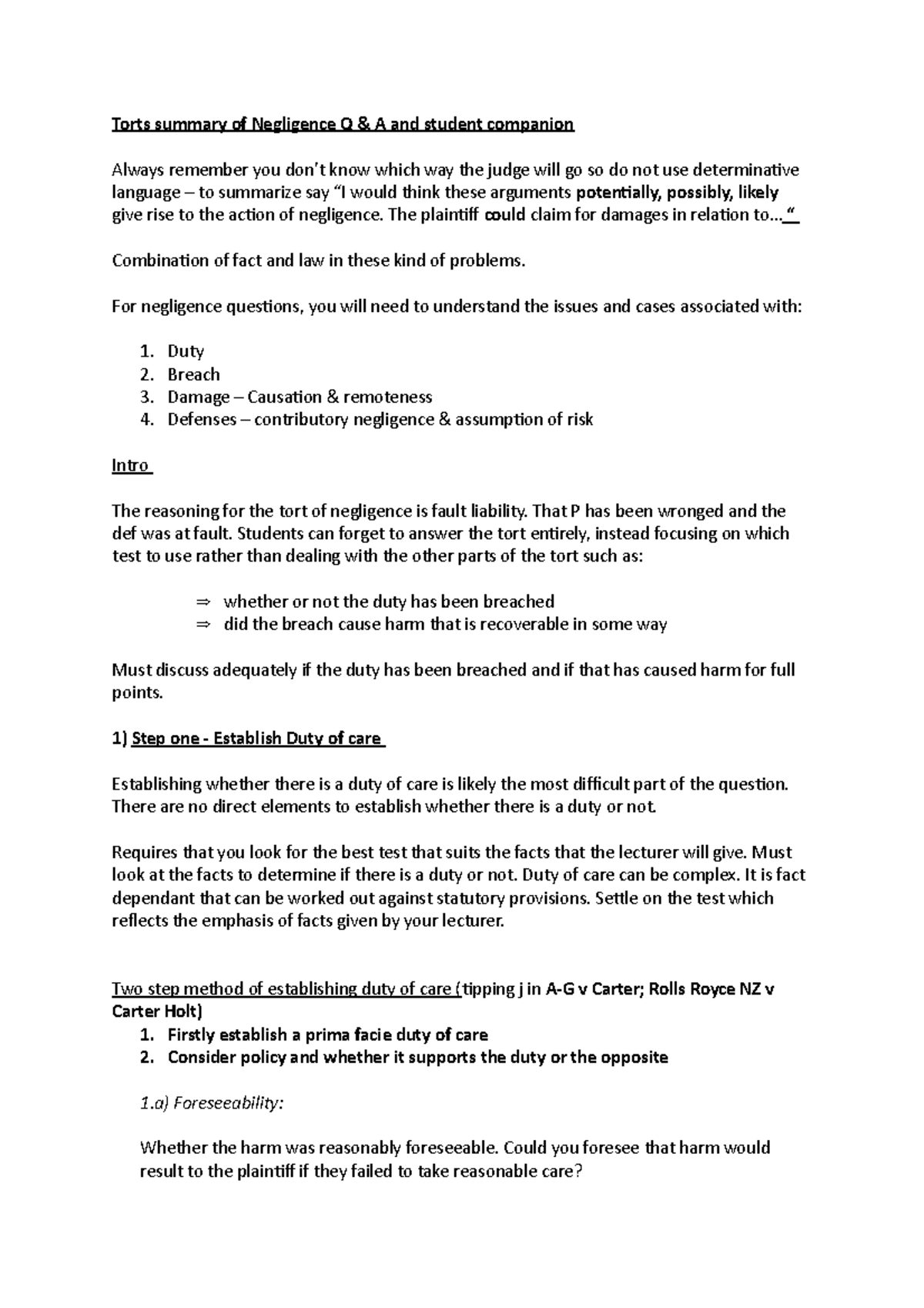 Tort summary negligence for exam - Torts summary of Negligence Q & A ...