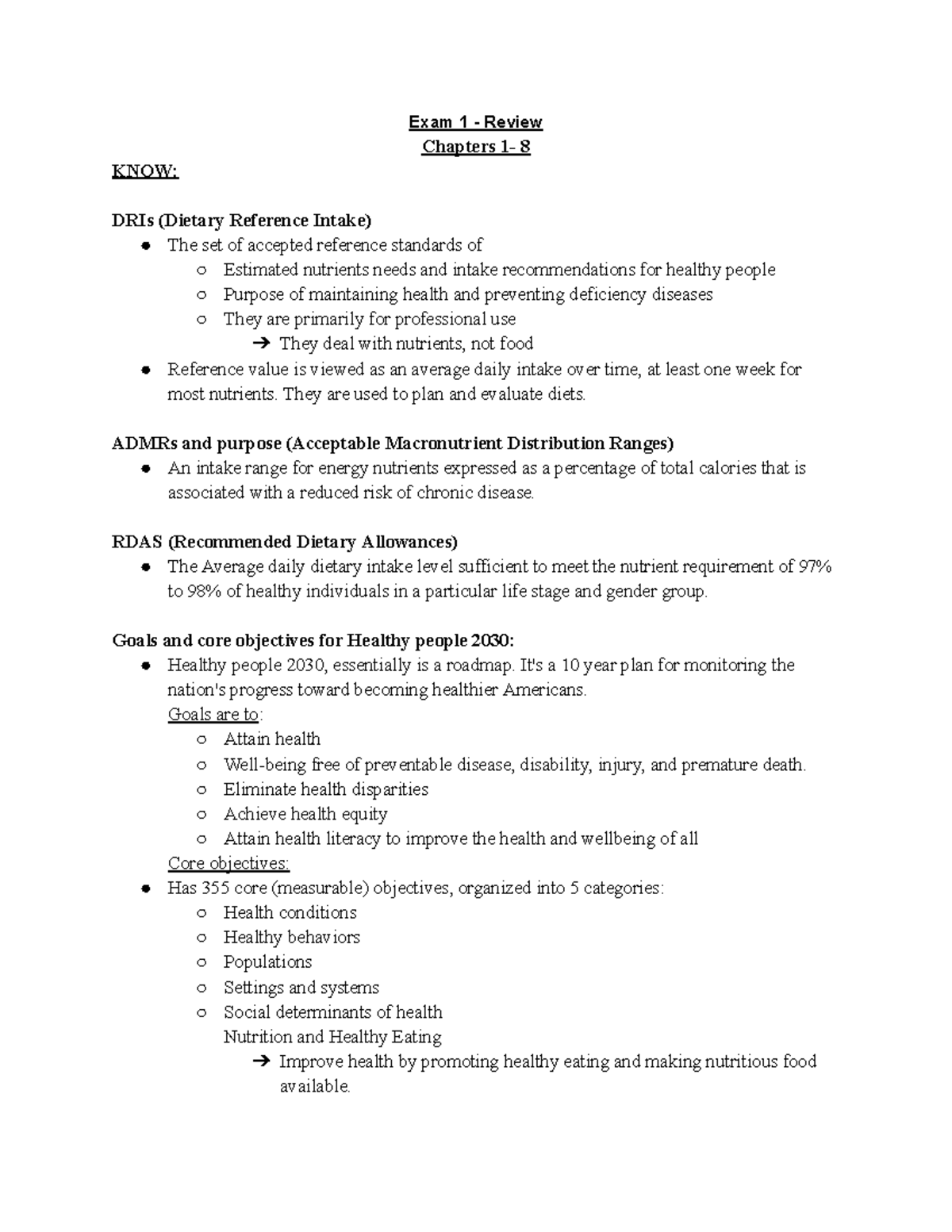 Nutrition Exam 1 Review - Exam 1 - Review Chapters 1- 8 KNOW: DRIs ...