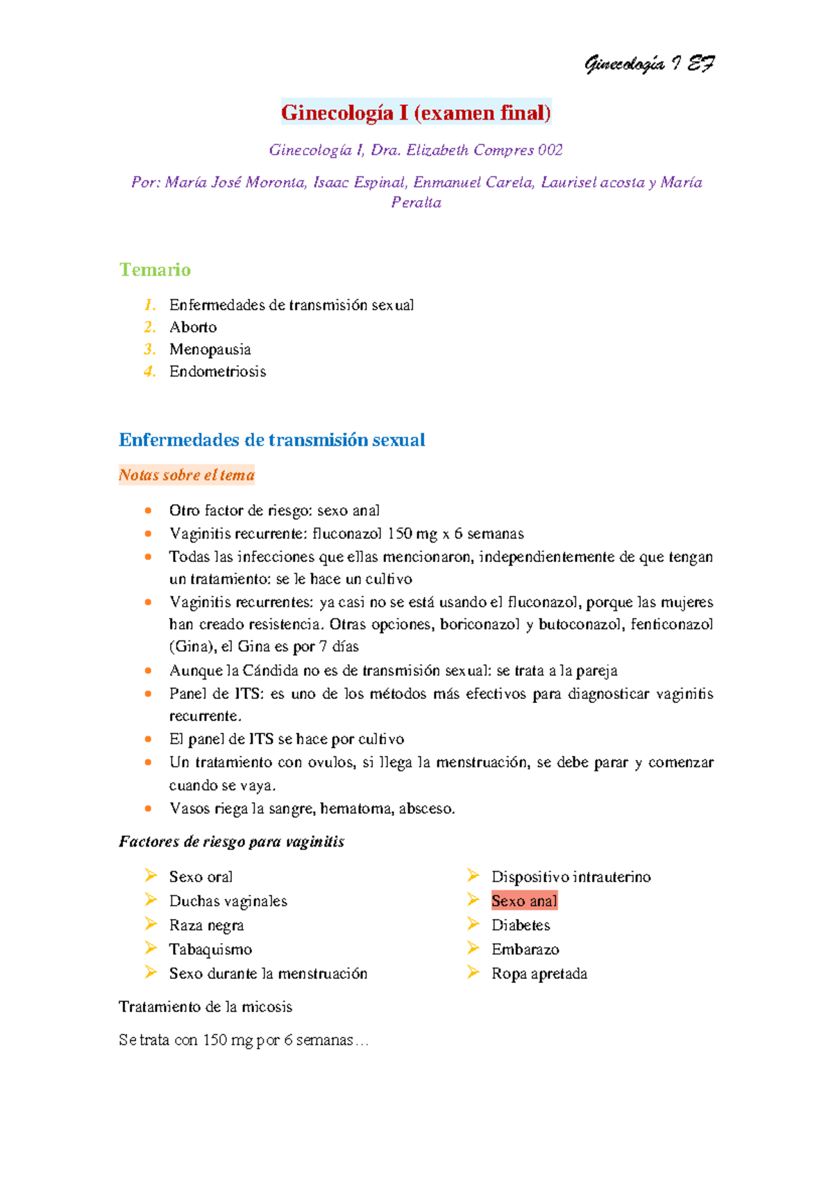 Resumen EF Ginecologia 1 - Ginecología I (examen final) Ginecología I, Dra.  Elizabeth Compres 002 - Studocu