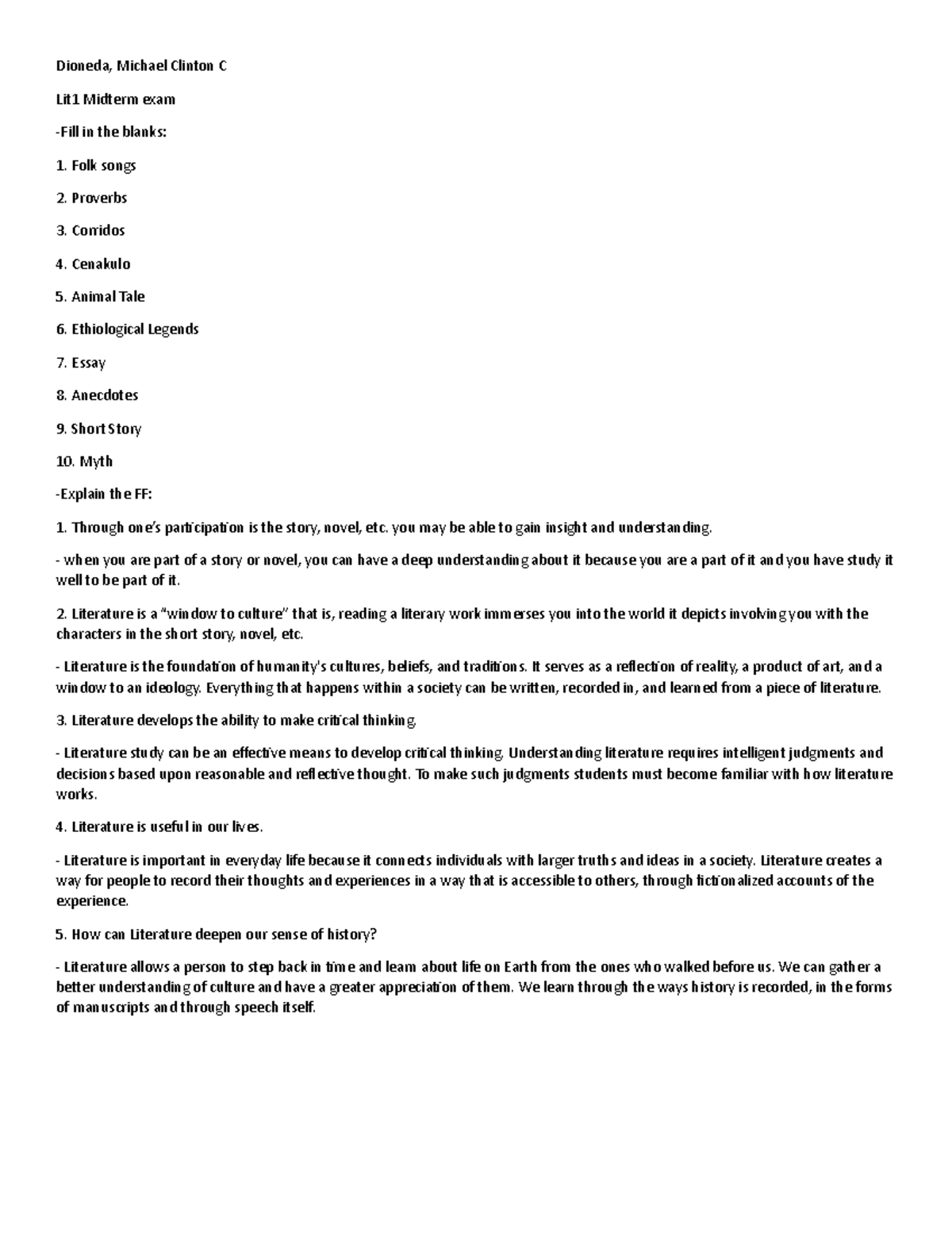 Lit 1 Midterm exam - Dioneda, Michael Clinton C Lit1 Midterm exam -Fill ...