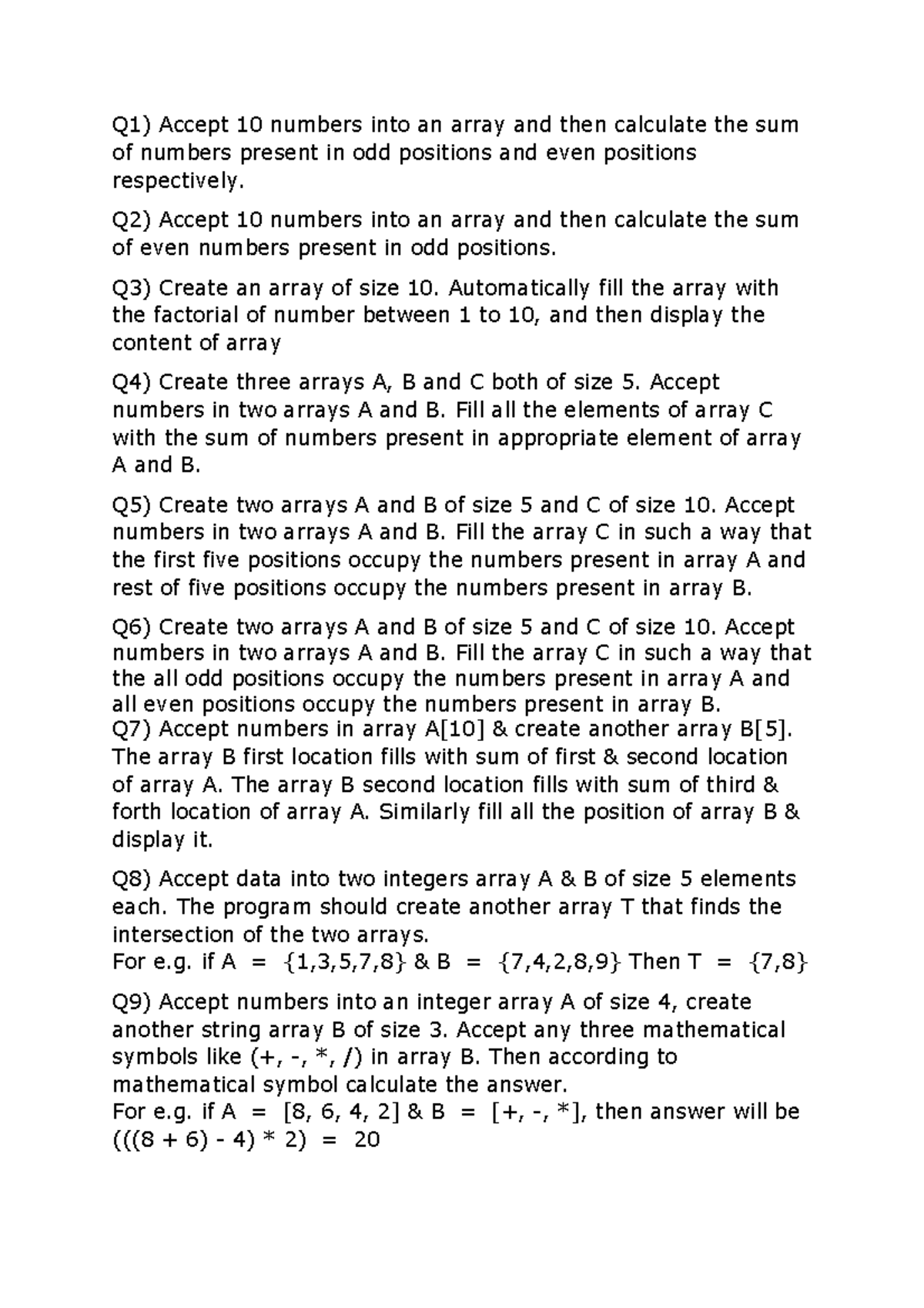 Array(sda) questions - for basic java quesions - Q1) Accept 10 numbers ... image.